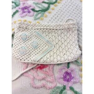 Vintage Boho Macrame Shoulder Bag Cream Crochet Clutch Small Purse
